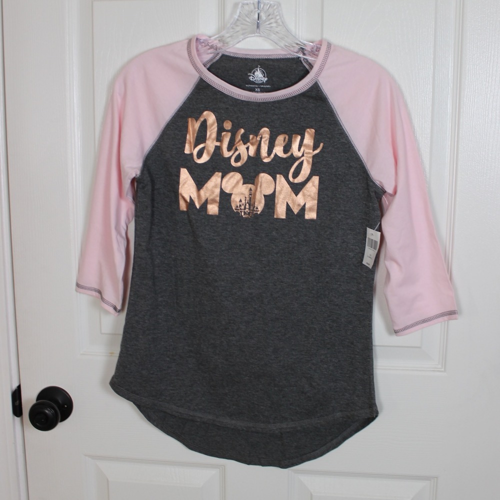 Disney Mom Shirt Womens XS Gray Pink Raglan 3/4 Sleeve Top NWT
